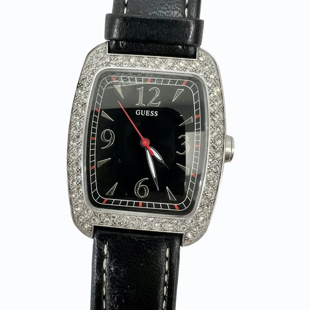GUESS BLACK TANK WATCH w RECTANGLE FACE & PAVE CRYSTAL BEZEL & LEATHER STRAP